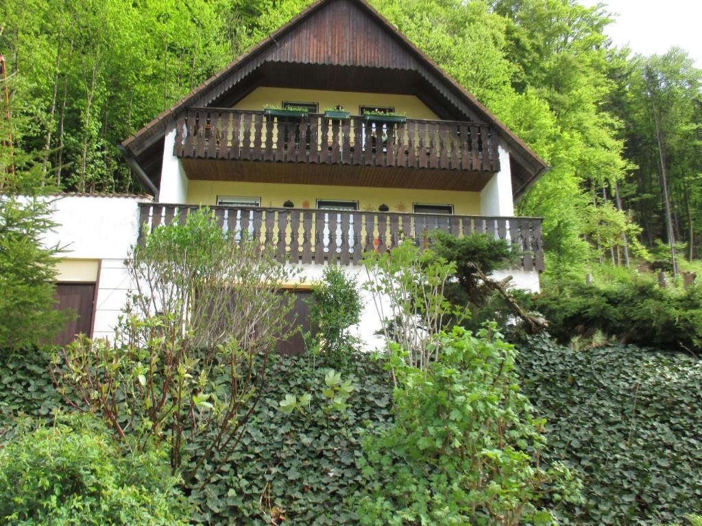 格斯韦因斯泰因Apartment in Behringersmühle的树林中带阳台的房子
