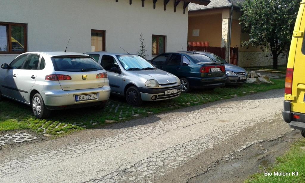 TarJúlia Vendégház的一组停放在房子旁边的汽车