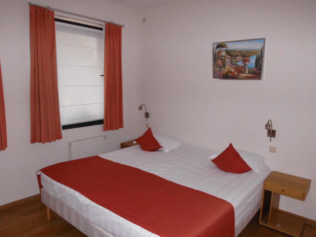 布鲁塞尔豪辛布鲁塞尔客房公寓 的一间卧室配有一张带红色枕头的床和一扇窗户