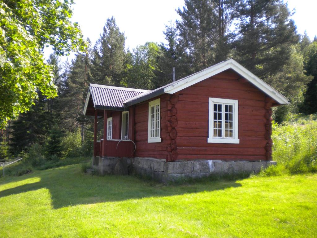 HauggrendTelemark Inn - Hytte的草场上的红色小屋