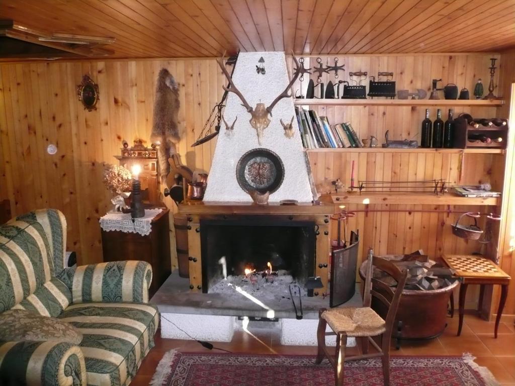 安达洛Chalet Sheila的客厅设有壁炉和木墙