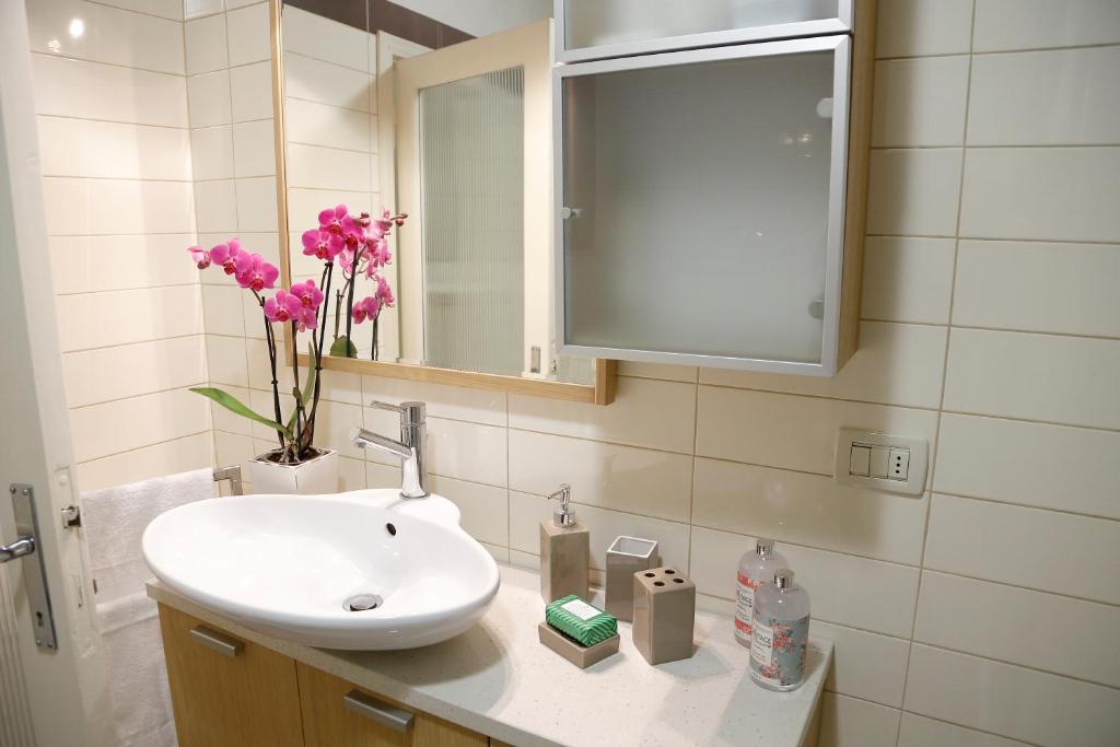 皮斯托亚Appartamento La Casina的浴室设有水槽、镜子和鲜花