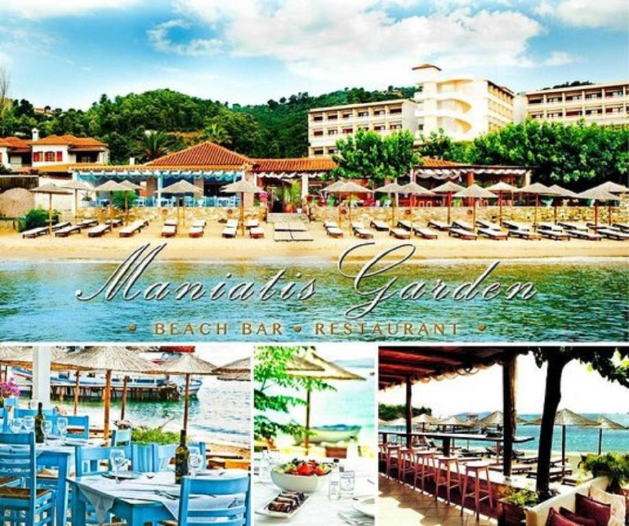 阿克雷迪斯Maniatis Garden的海滩酒吧和餐厅的照片拼合在一起