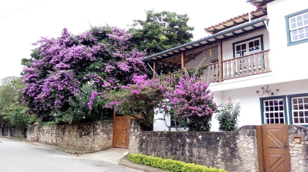 蒂拉登特斯Cama e Café Tiradentes的墙上有紫色花的房屋