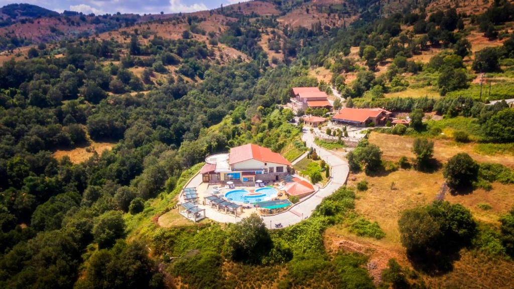 Sidhirokhórion罗家斯酒店的享有带游泳池的房屋的空中景致