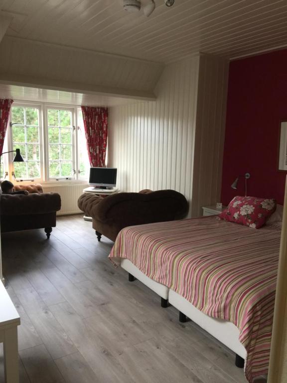 栋堡Villa Hoog Duin的一间卧室配有两张床、一张沙发和一台电视