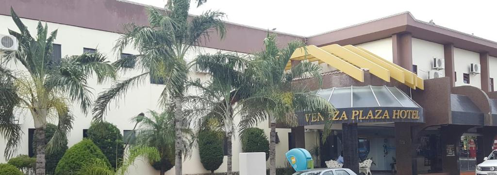 古鲁皮Veneza Plaza Hotel的一座楼前有棕榈树的酒店
