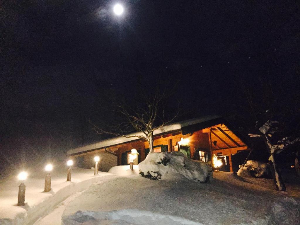 阿布特瑙Jagdhütte的雪中的一个小屋,晚上和月亮在一起