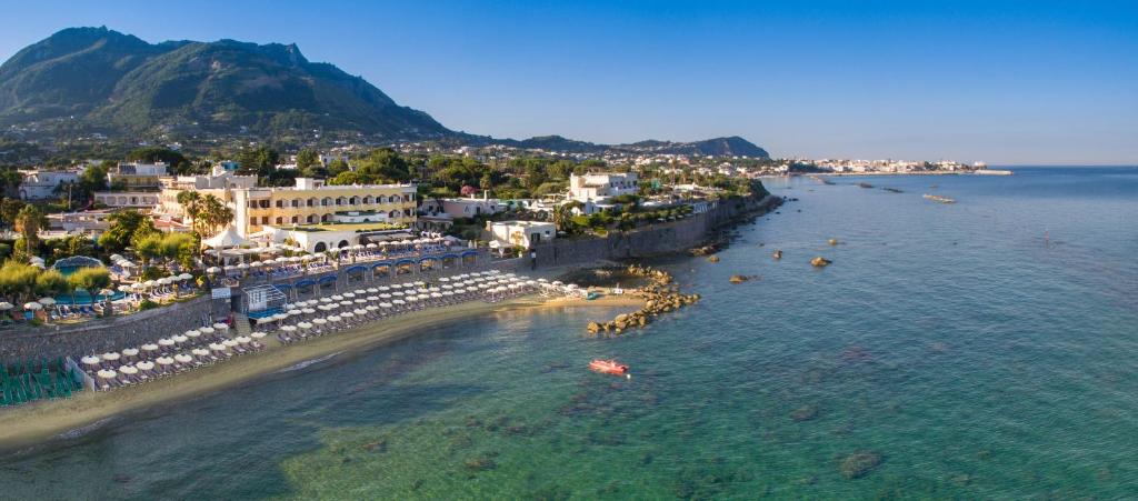 伊斯基亚Hotel Terme Tritone Resort & Spa的和水中的人一起欣赏海滩的空中景色