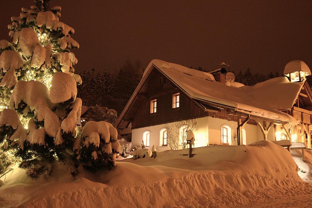 捷克布杰约维采B&B Na kopečku的雪花树覆盖的房屋