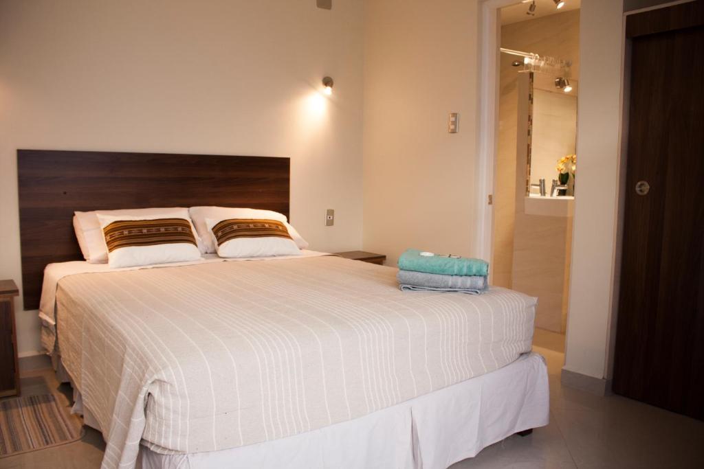 圣佩德罗·德·阿塔卡马Hostal Anpaymi Atacama的卧室配有一张白色大床和木制床头板