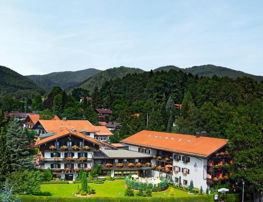 巴特维塞Hotel Alpenhof的一座大建筑,背景是一座山