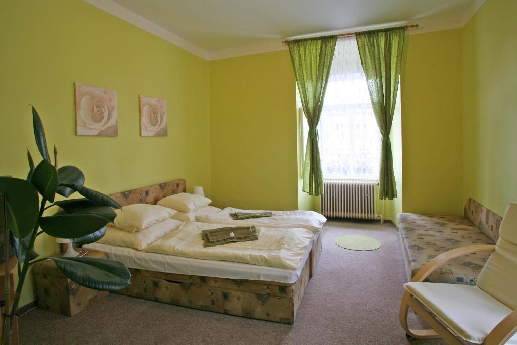 Horažďovice兹拉季耶伦酒店的一间卧室设有一张床和一个窗口
