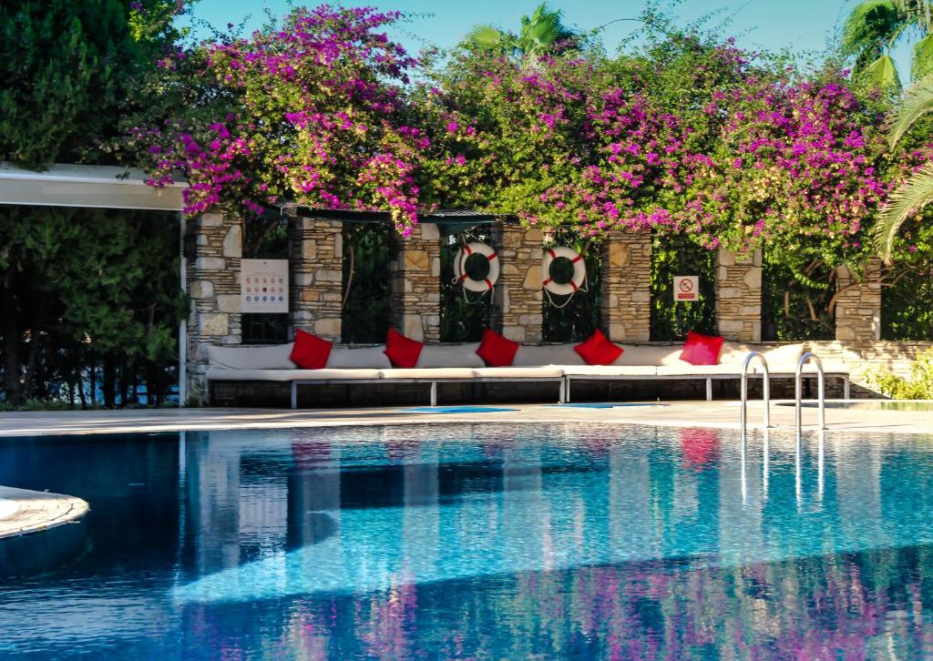 达利安Aydos Club的一个带沙发和粉红色鲜花的游泳池