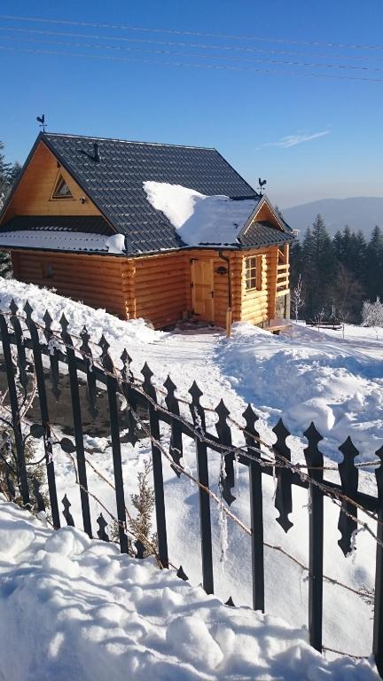 扎沃亚Domek drewniany simonka zawoja的雪地小木屋,带栅栏