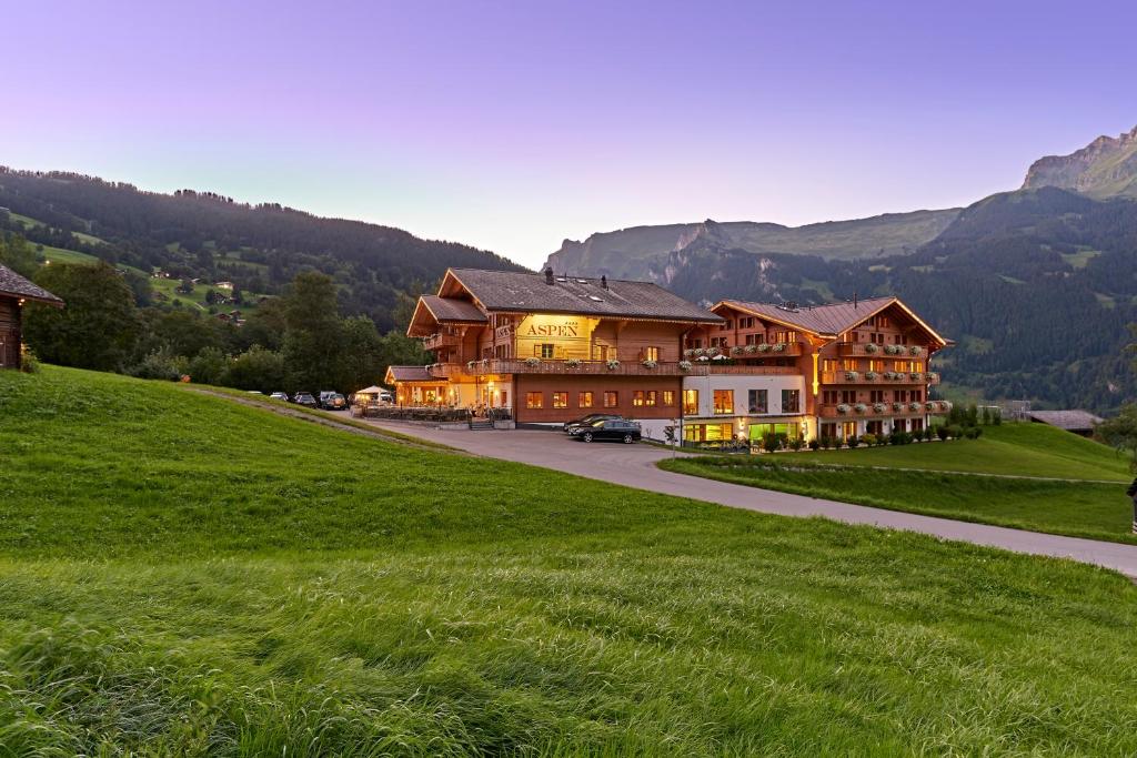 格林德尔瓦尔德阿斯彭阿尔卑斯休闲酒店的一座位于山丘上的绿色田野的大型建筑