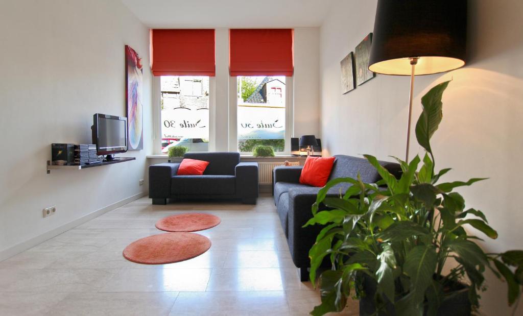 格罗宁根Suite 30 - kingsize groundfloor hotelapartment with parking的带沙发和植物的客厅