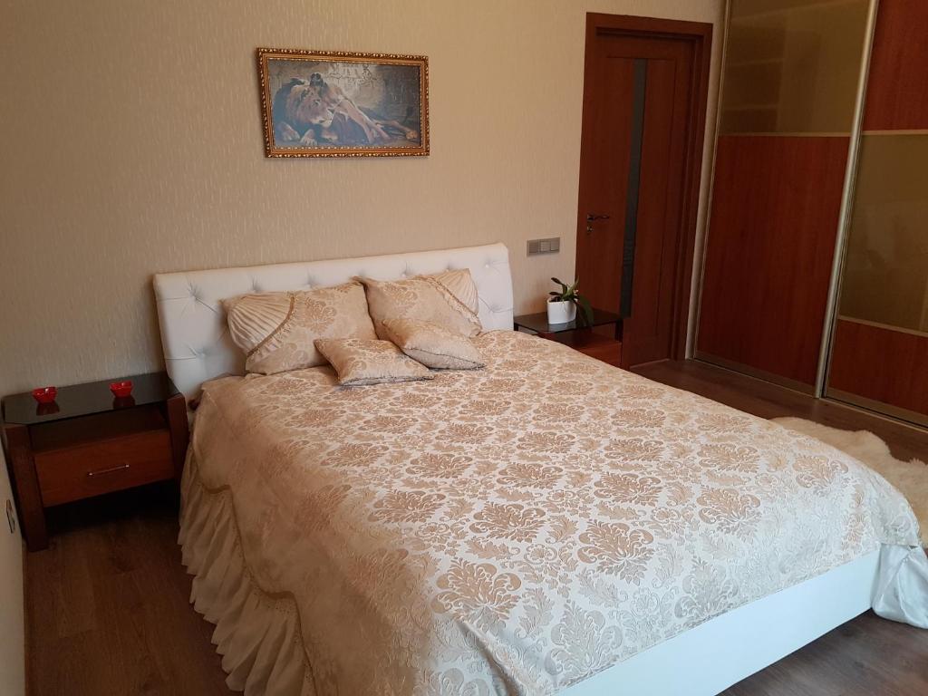 里加Riga airport Apartment的卧室配有白色的床和枕头。