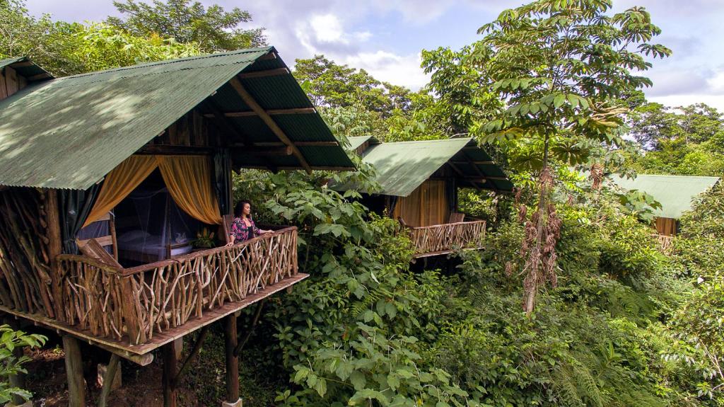 福尔图纳La Tigra Rainforest Lodge的站在树屋阳台的女人