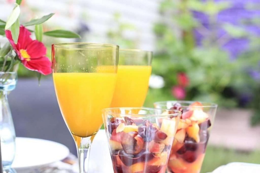 斯旺西格兰莫花园公寓住宿加早餐旅馆的桌上的两杯果汁和水果