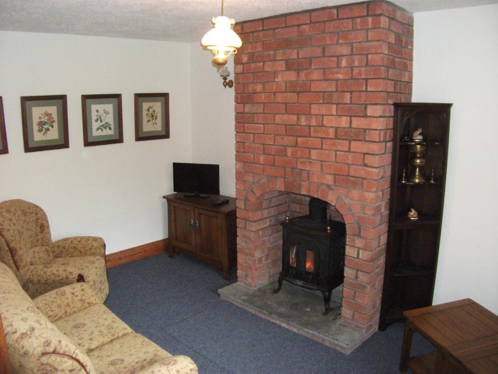 LlandderfelBryn Cottage的客厅设有红砖壁炉