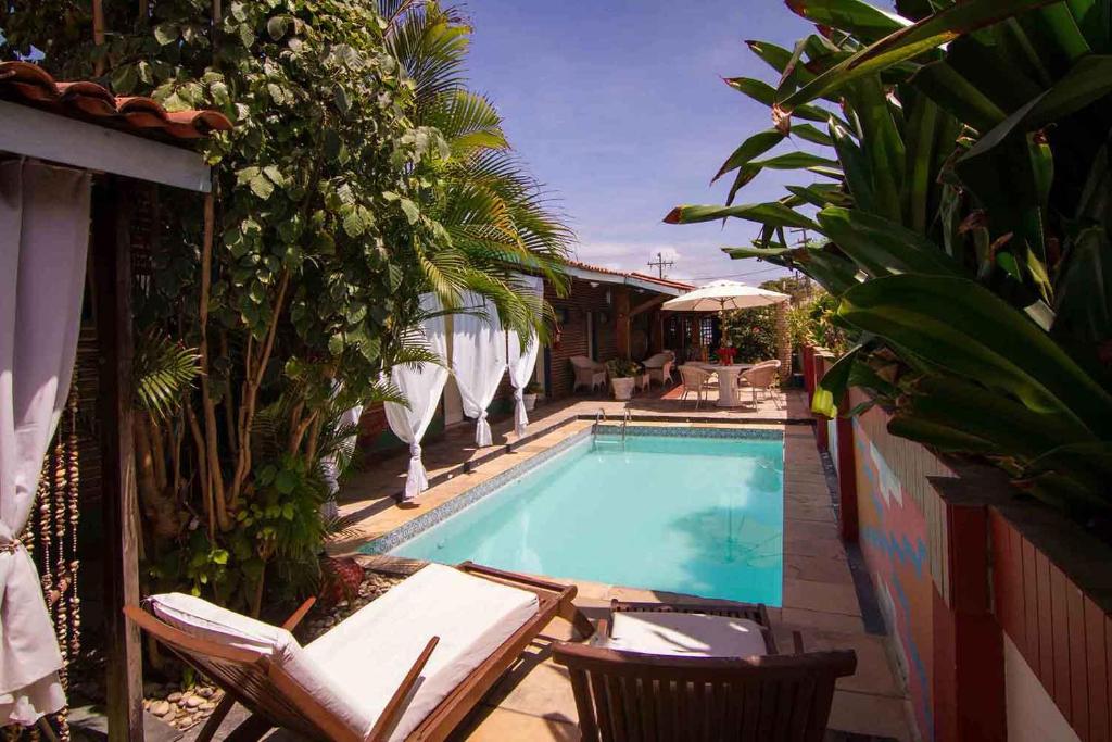 普拉亚弗朗西丝男爵旅馆的庭院内的游泳池,带椅子和树木