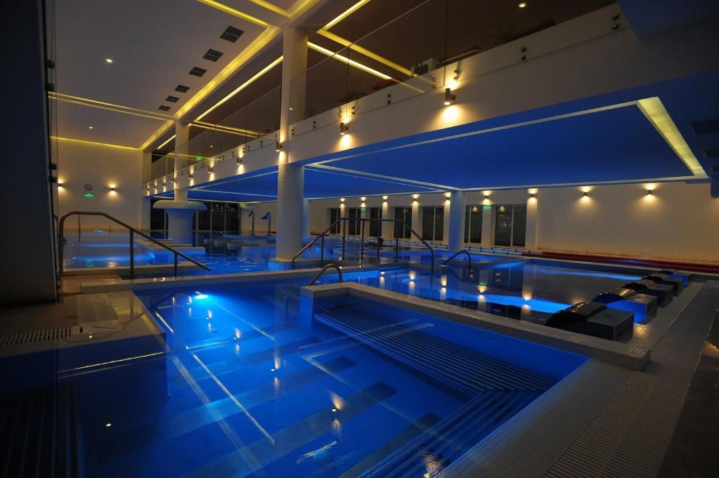 艾福雷诺德Aqvatonic Hotel - Steaua de Mare的大楼内带蓝色灯光的大型游泳池