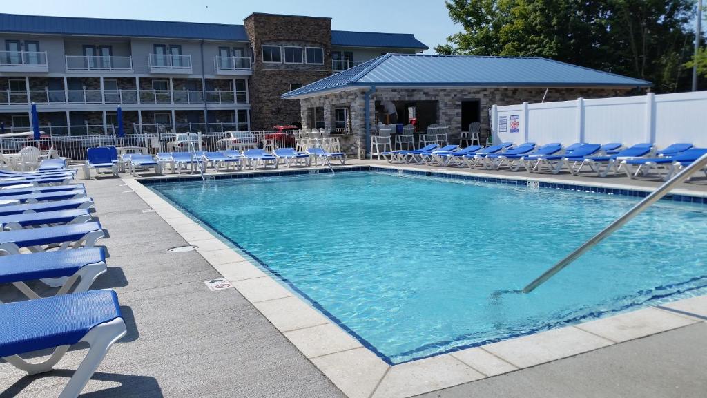 普廷贝普特因湾公寓式酒店的一个带蓝色椅子的大型游泳池