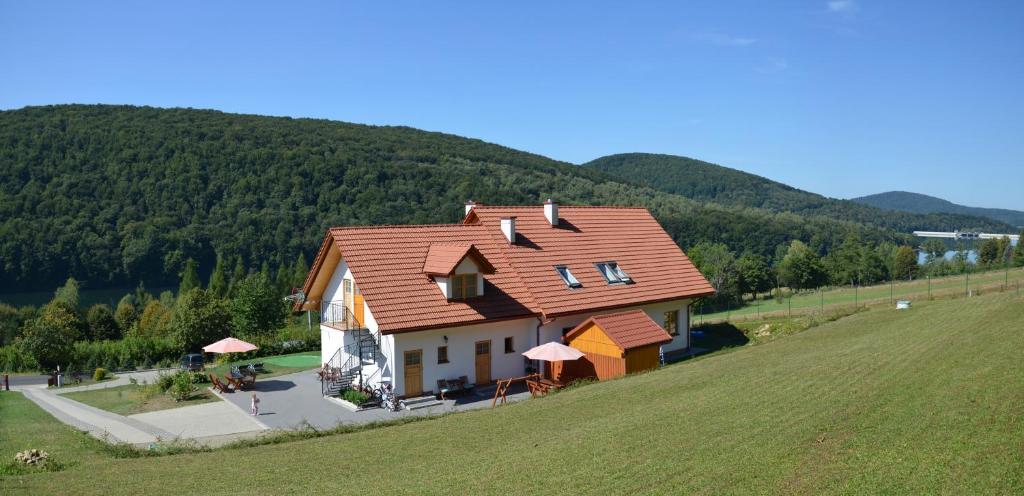 索利纳Noclegi "Koniadów"的山顶上一座红色屋顶的房子