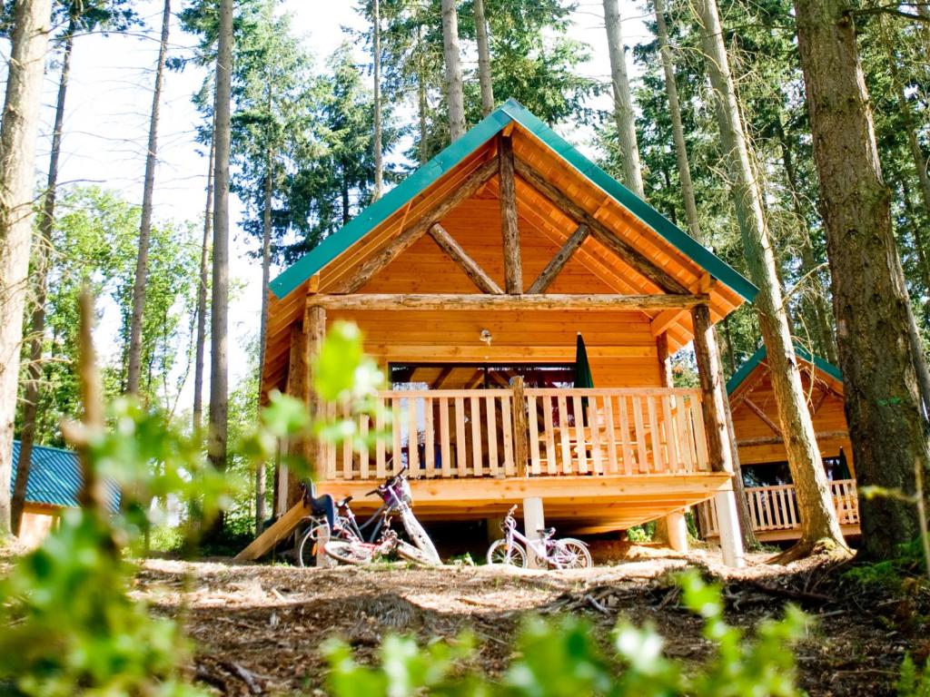 瑟农什Village Huttopia Senonches - Perche的树林中的小屋,前面有自行车停放