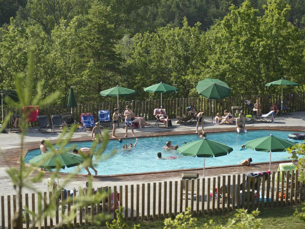 瓦纳斯Village Huttopia Sud Ardèche的一群人在带遮阳伞的游泳池里