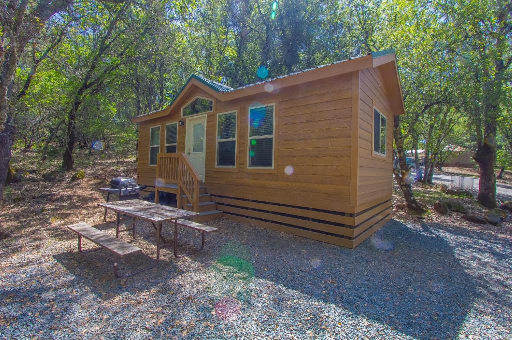 Descanso欧克扎尼塔温泉营地3号度假屋的一间小房子,配有野餐桌和烧烤架