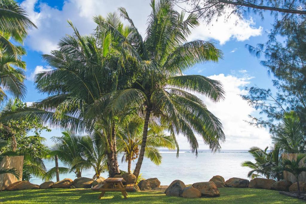 拉罗汤加拉罗汤加派莫阿纳度假屋的海滩上棕榈树下的野餐桌