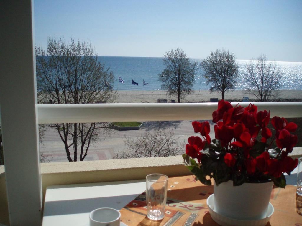 奥林匹亚基·阿克蒂Giorgos Apartments Sea View的一张桌子上的花瓶,享有海滩美景