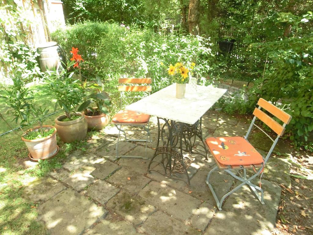 德累斯顿Ferienwohnung mit Charme in Dresden Pillnitz的花园里种有植物,配有桌椅