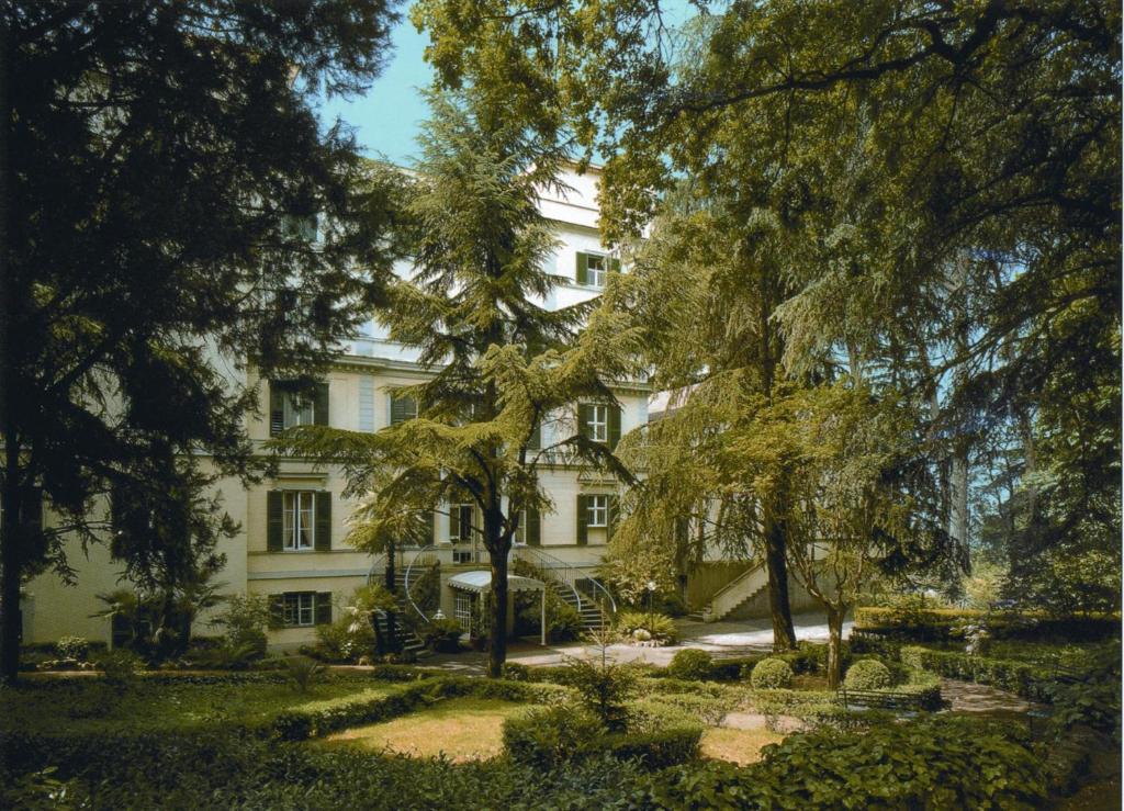 阿里恰Hotel Villa Aricia的前面有树木的白色大建筑