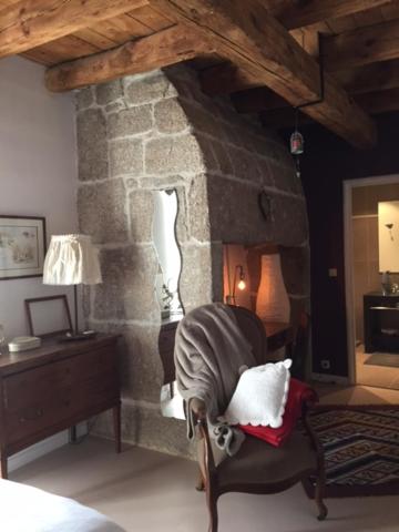 La Chaze-de-PeyreLa ferme de Félix的一个带椅子的房间内的石头壁炉