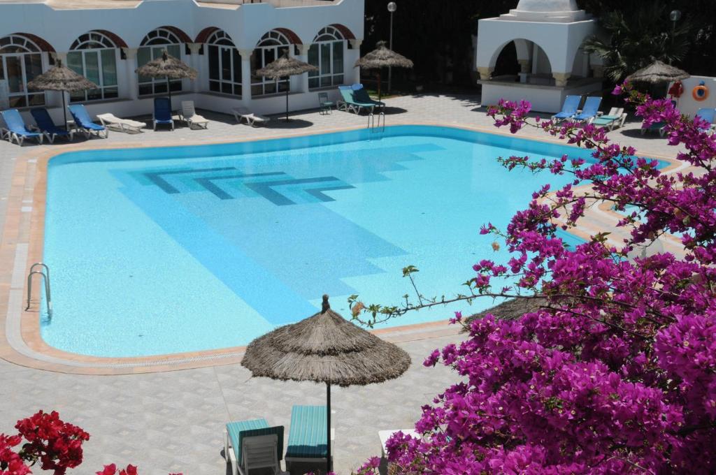 哈马马特梅纳拉酒店的游泳池配有椅子、遮阳伞和紫色鲜花