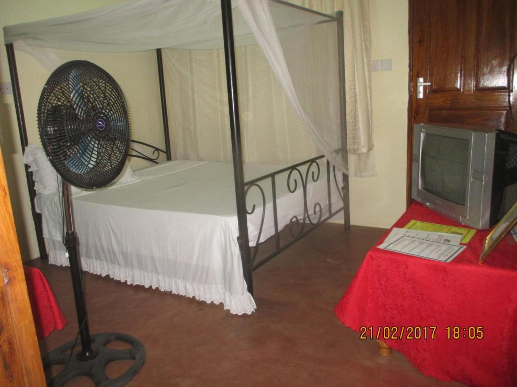 姆托瓦姆布凡纳卡游猎营地山林小屋的一间卧室配有一张带风扇的床铺和一台电视机。