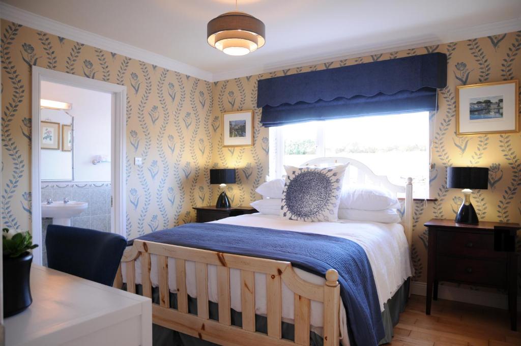 丁格尔Short Strand Dingle的一间卧室配有一张带蓝色毯子的床和窗户。