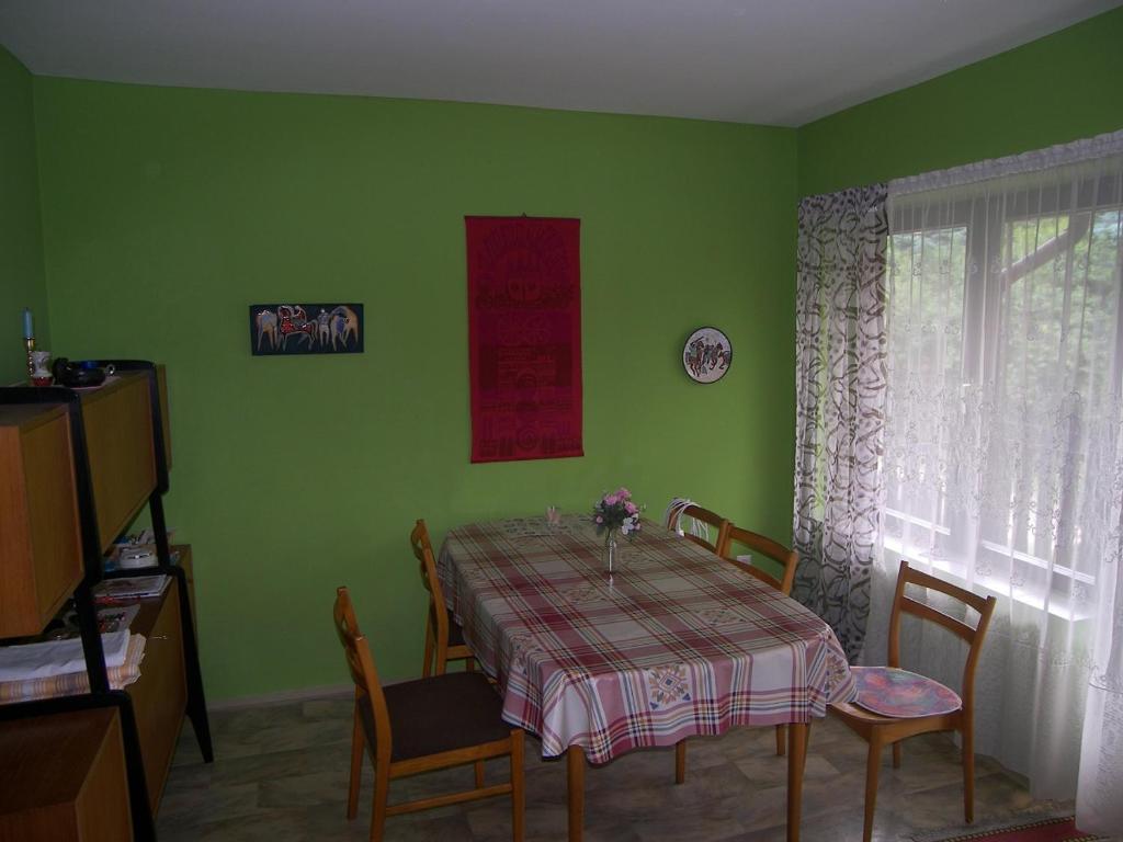 蒂萨凯奇凯Csilla Nyaraló的绿色的用餐室配有桌椅