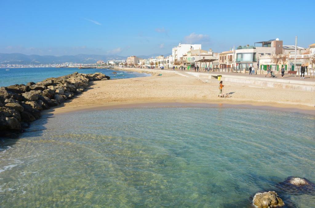 马略卡岛帕尔马28 Townhouse 200mts from sea/beach的站在海滩上水面上的人