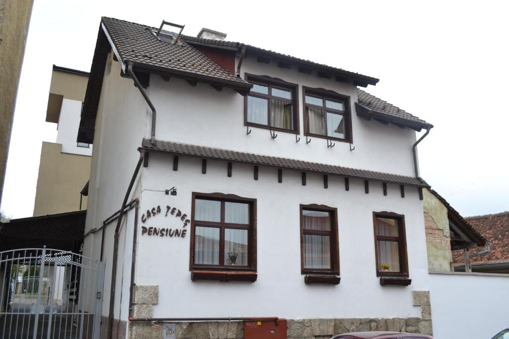 布拉索夫卡萨采佩什酒店的白色的房子,窗户和涂鸦