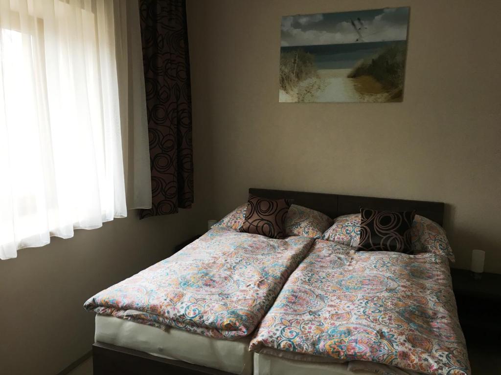 瓦赫河畔新梅斯托Penzion Pikolo的一间卧室配有一张带两个枕头的床
