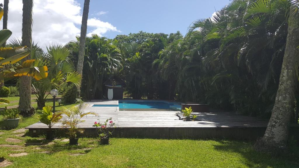 TaravaoVilla ManaOra的棕榈树庭院内的游泳池