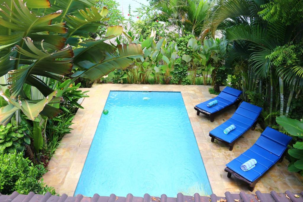 罗威那罗维纳海滩别墅的享有带2把蓝色椅子的游泳池的顶部景致