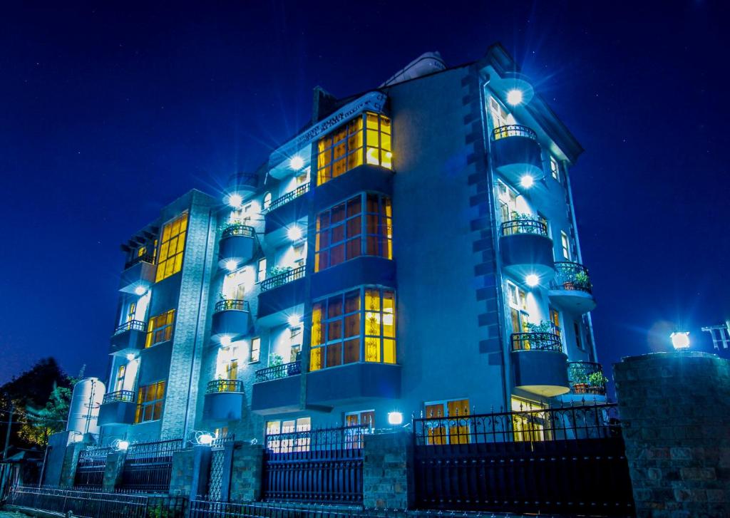 亚的斯亚贝巴Guzara Hotel Addis的一座带灯的大建筑