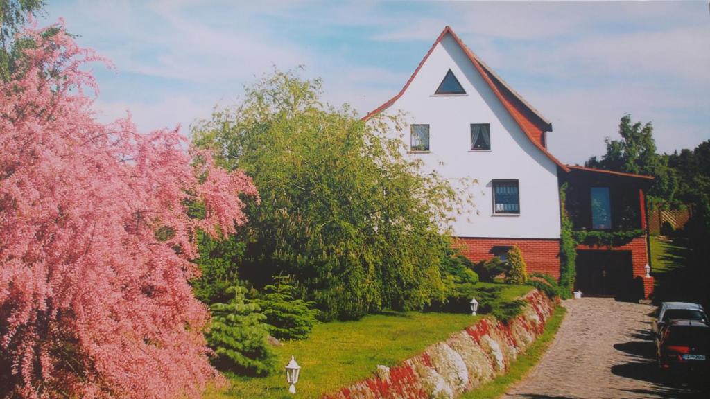 于克里茨Apartments Achterblick的白色和红色的房子,有栅栏和树木