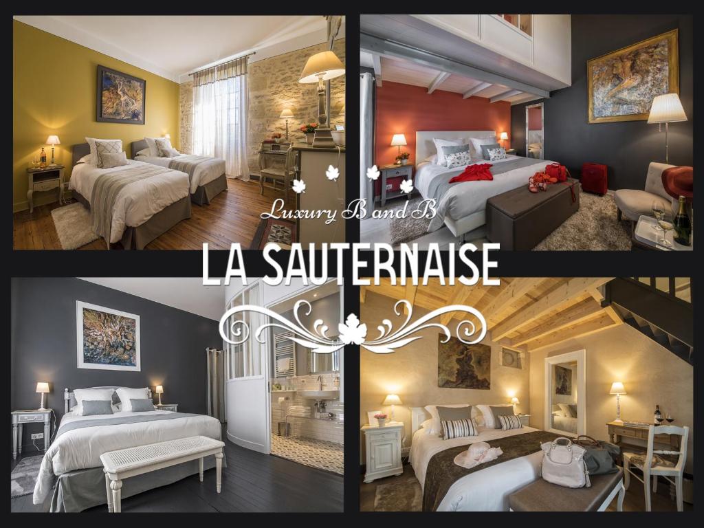 索泰尔纳La Sauternaise, luxury Boutique B&B的酒店房间三张照片的拼贴画