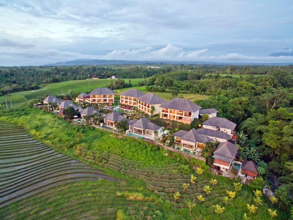 塔巴南霎哈嘉萨瓦度假别墅的稻田上度假村的空中景观